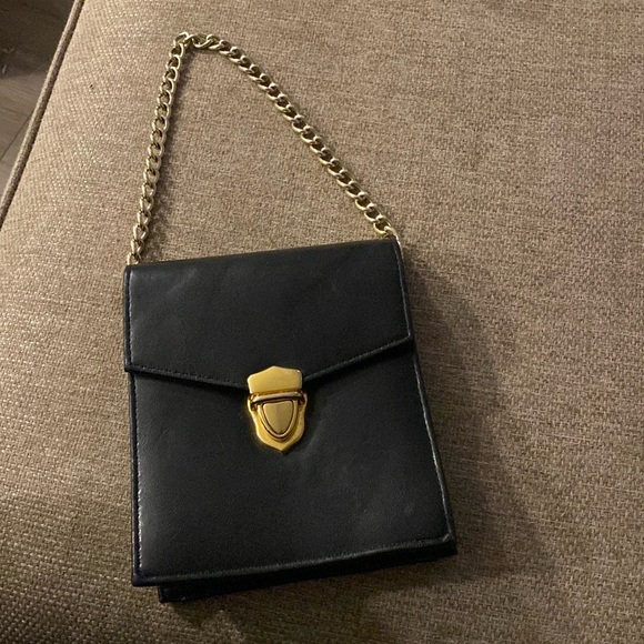 Black leather chain shoulder bag purse clutch handbag wristlet gold - Picture 1 of 5